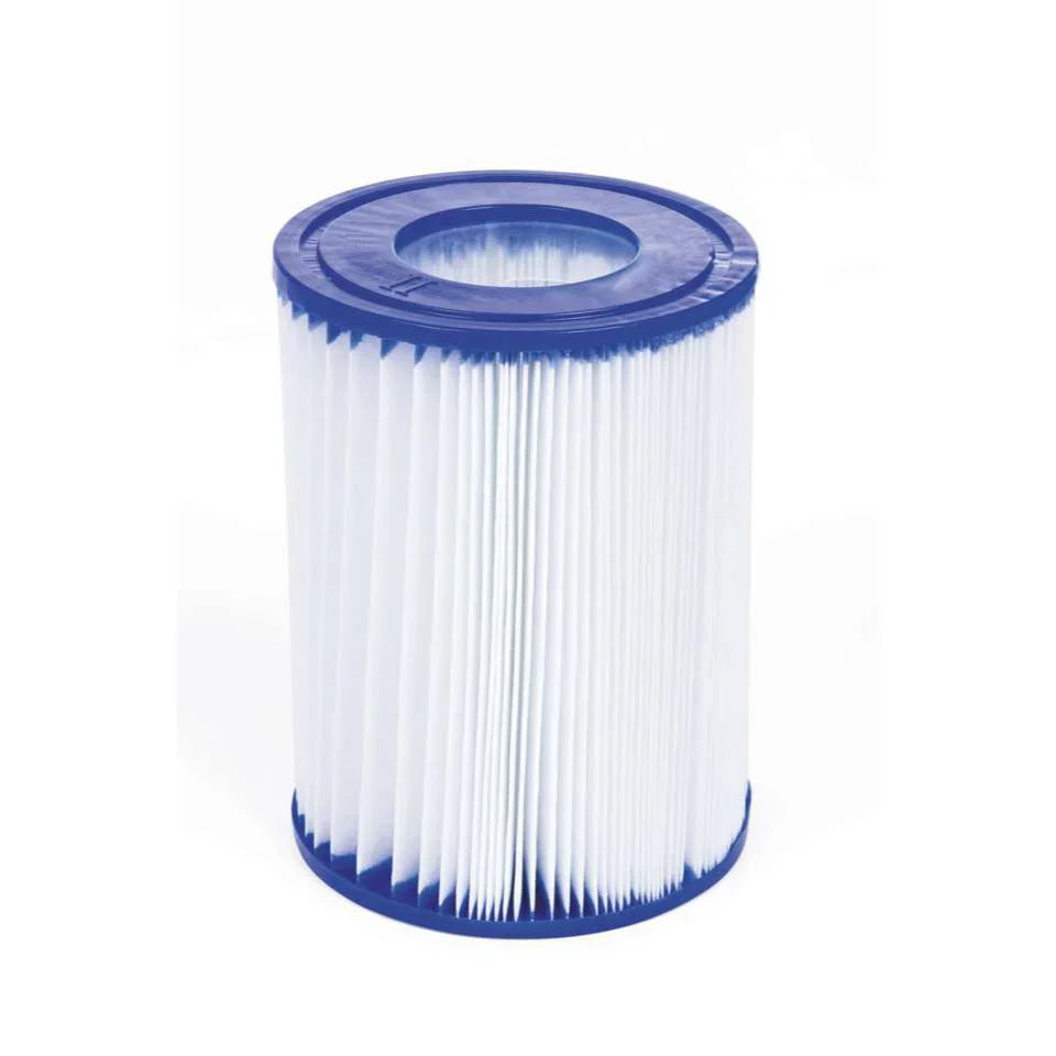 White cylindrical filter with blue top and bottom on a white background