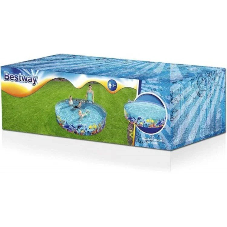 Box of Bestway inflatable pool with children playing on a grassy area