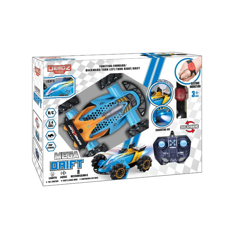 Toy remote control car set in its packaging with blue and orange design.