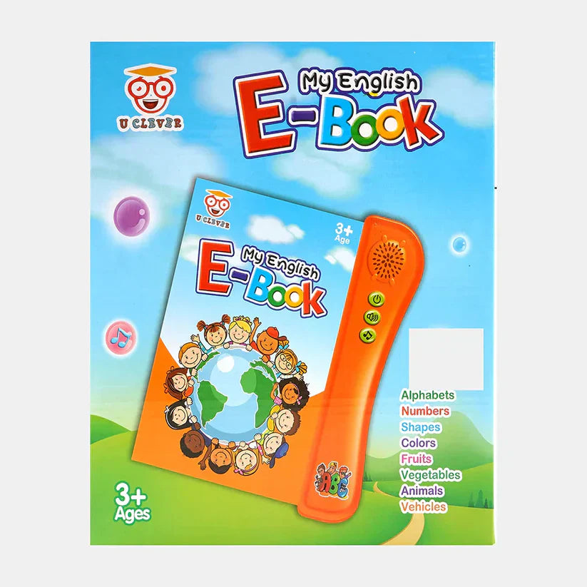 Children's educational e-book with orange reader on a blue sky background