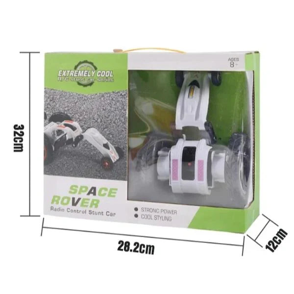 Boxed toy space rover with dimensions on a white background