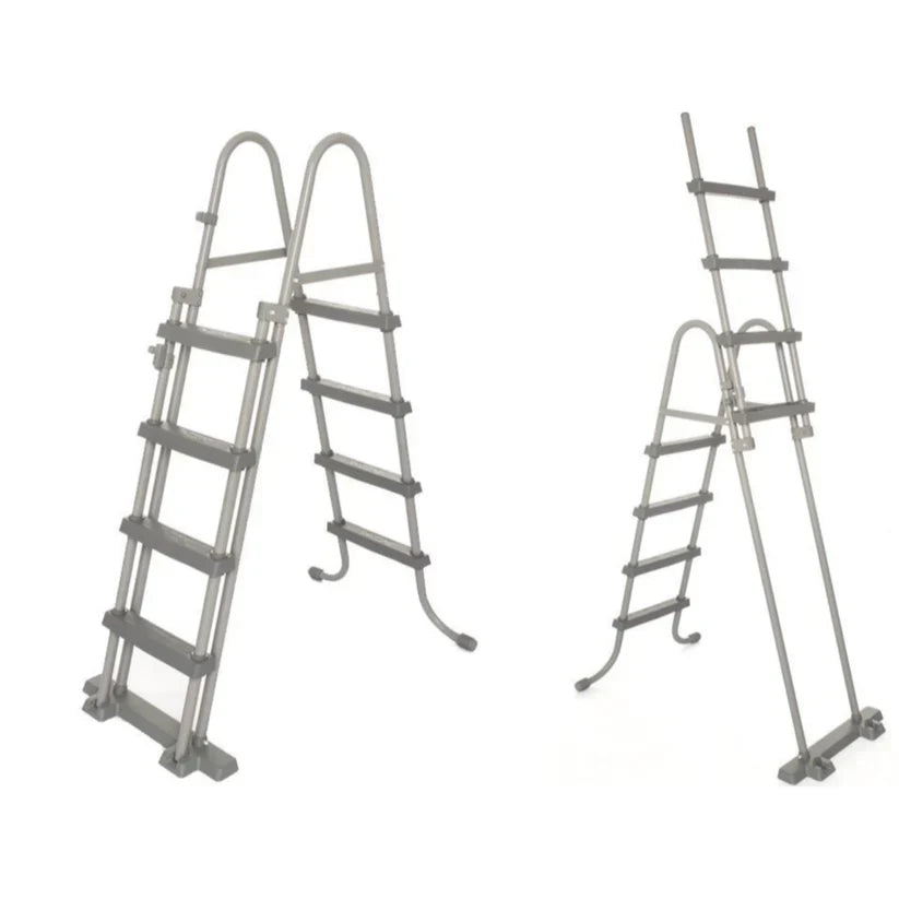 Two metal ladders of different designs on a white background