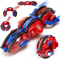 Red and blue toy vehicle with spider-Man design on a white background