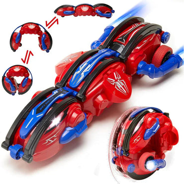 Red and blue toy vehicle with spider-Man design on a white background