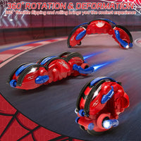 Red and blue toy robot with 360-degree rotation and deformation on a dynamic background