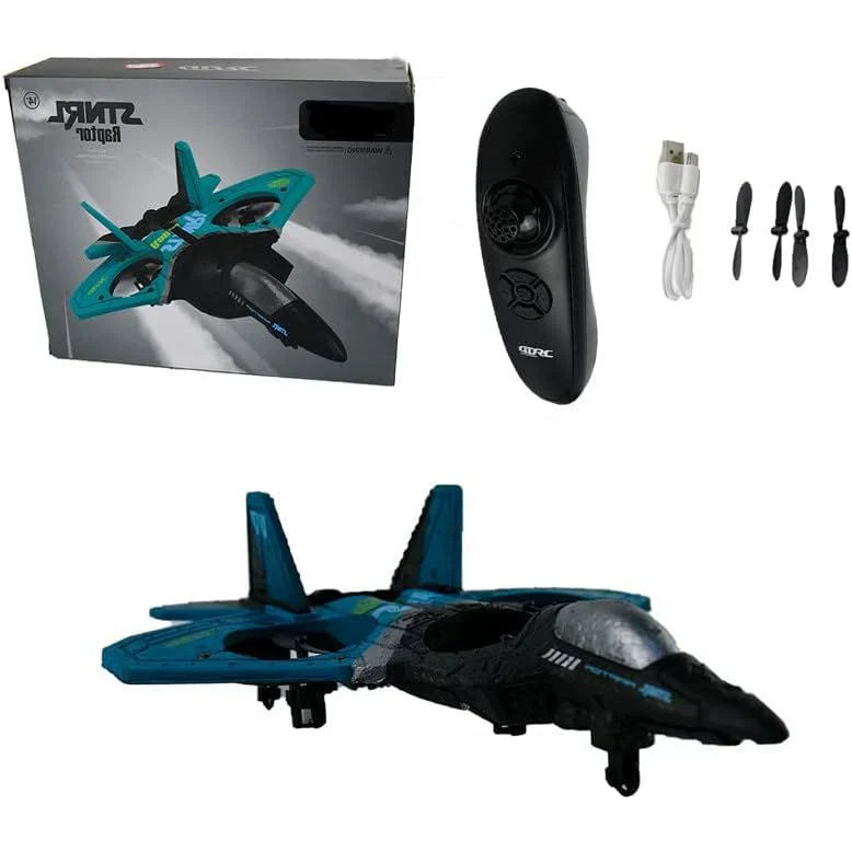 Toy jet with remote control, box, and accessories on a white background
