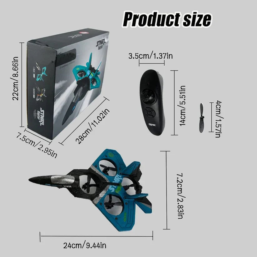 Product size chart with dimensions of a model airplane and packaging on a gray background