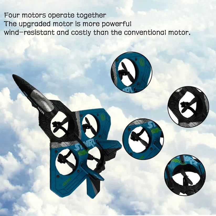 Blue drone with four motors against a cloudy sky background