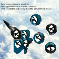 Blue drone with four motors against a cloudy sky background