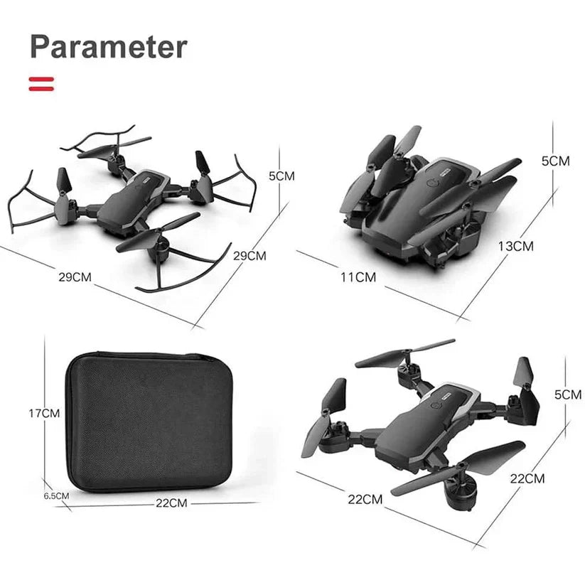 Black drone with dimensions labeled on a white background