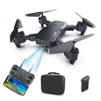 Black drone with remote control, case, and battery on a white background