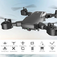 Black drone with features listed on a white background