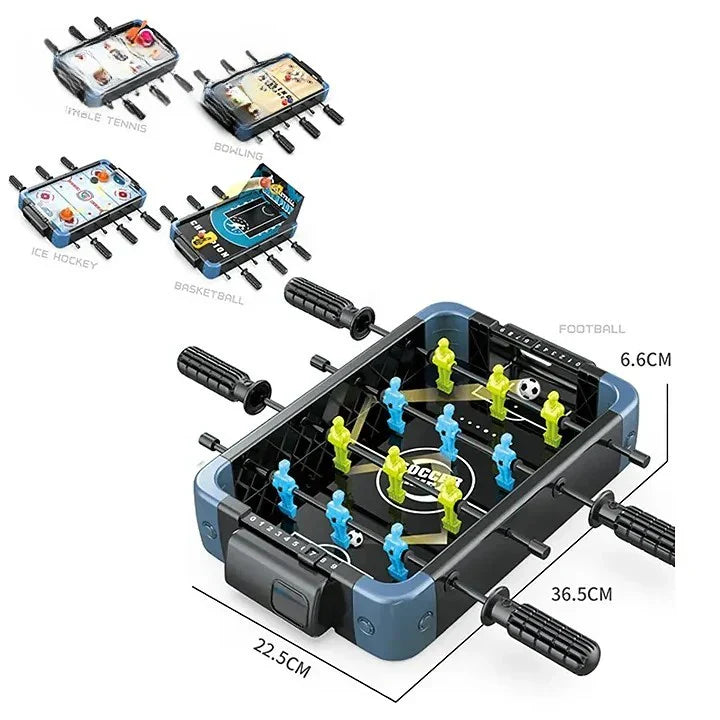 Tabletop foosball game with miniature players and dimensions on a white background