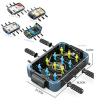 Tabletop foosball game with miniature players and dimensions on a white background