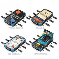 Set of four mini table games including table tennis, bowling, ice hockey, and basketball on a white background.