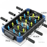 Tabletop foosball table with players and measurement details on a white background