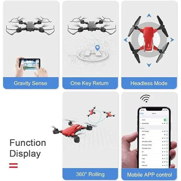 Features of a drone with smartphone app control on a white background