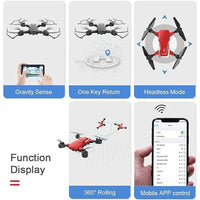 Features of a drone with smartphone app control on a white background