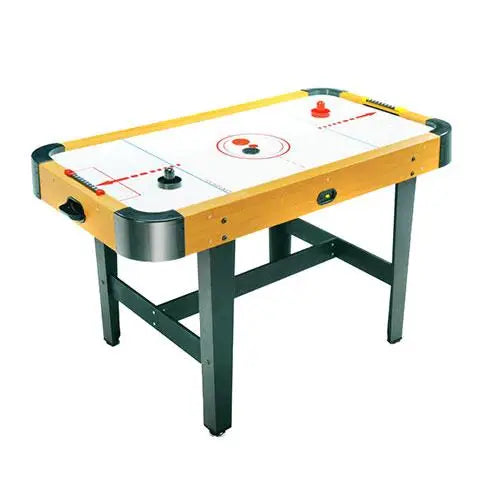 Air hockey table with yellow edges and white playing surface on a white background