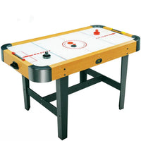 Air hockey table with a white playing surface and wooden edges on a white background