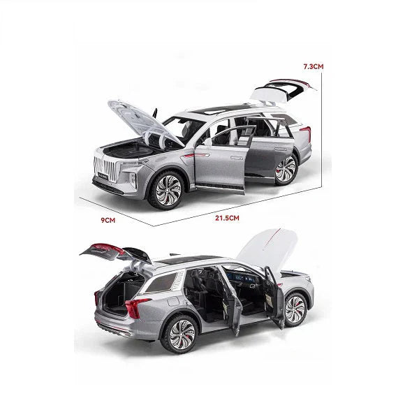 Model car with open doors and trunk, showing dimensions on a white background