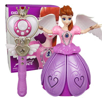 Toy doll with pink and purple outfit and wand, standing in front of a purple box.