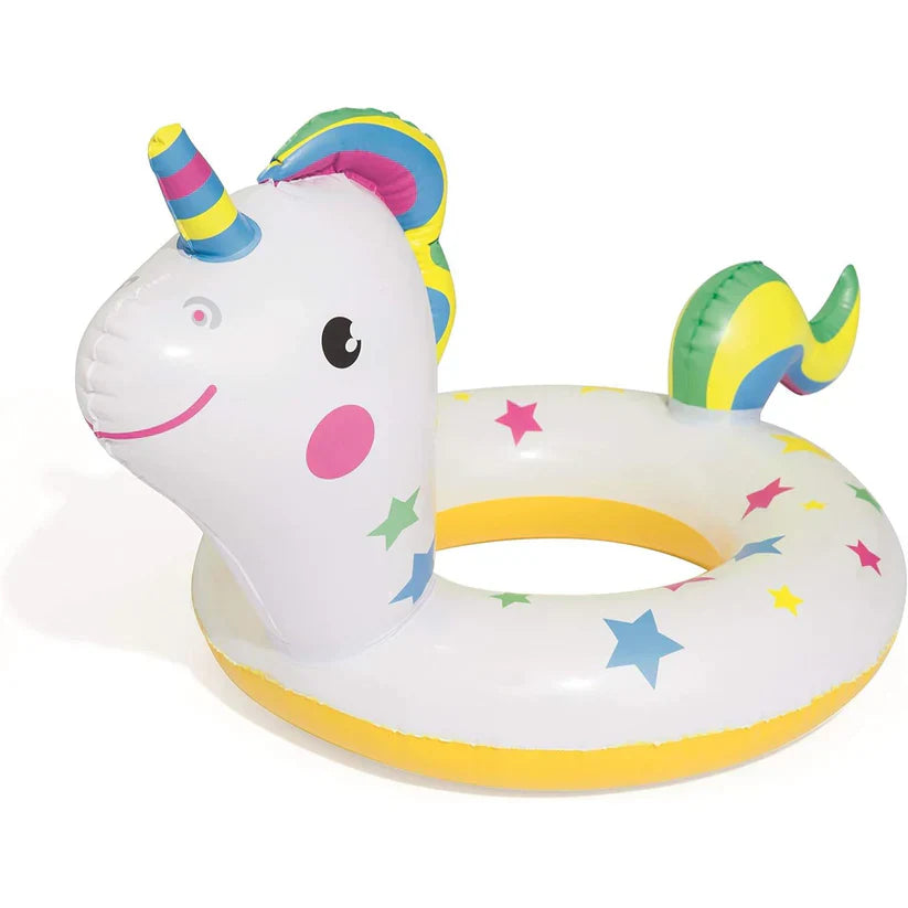 Inflatable unicorn pool float with colorful design on a white background
