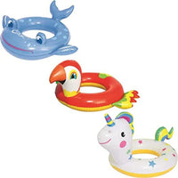 Three inflatable pool toys shaped like a shark, parrot, and unicorn on a white background.