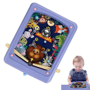 Children's toy with animal illustrations and a child playing with it.