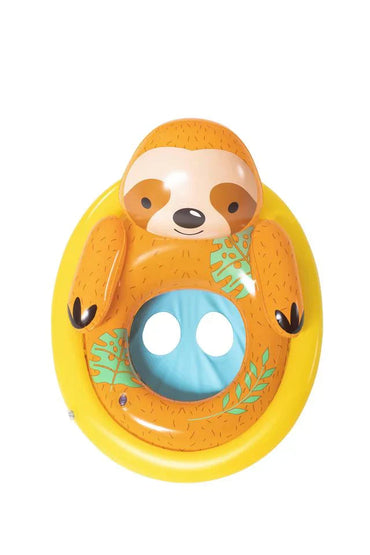Inflatable pool ring with a sloth design on a white background