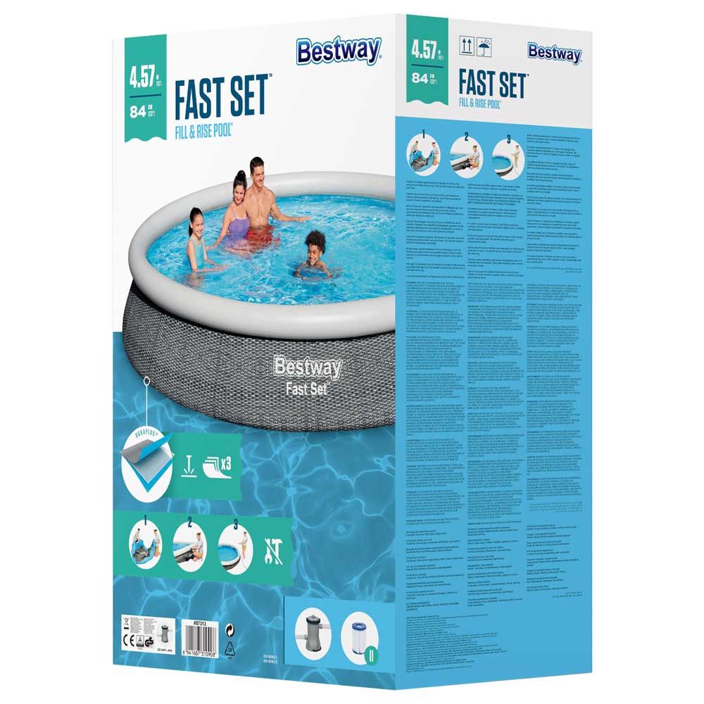 Bestway inflatable pool packaging with family playing in the pool on a white background