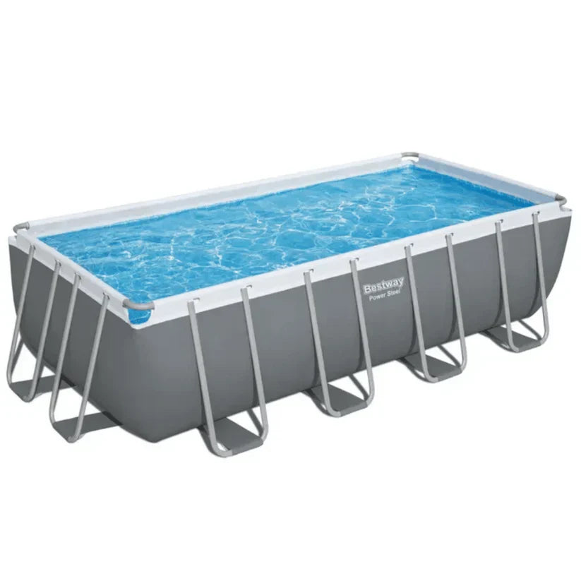 Rectangular above-ground pool with blue water and gray frame on a white background