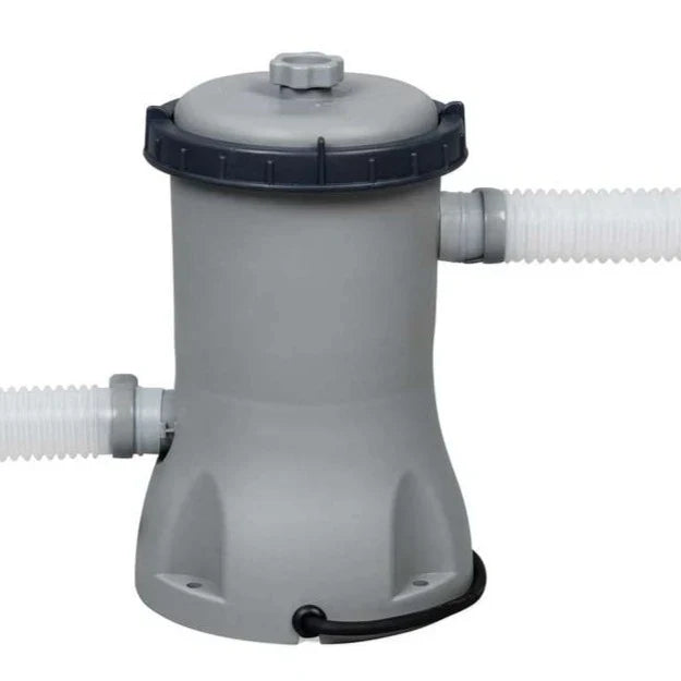 Gray pool filter with hoses on a white background