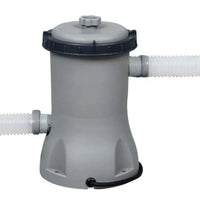 Gray pool filter with hoses on a white background