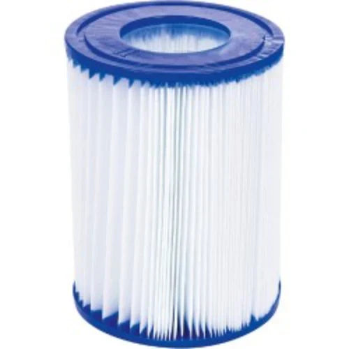 White cylindrical filter with blue top and bottom on a white background