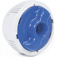 Round device with blue and white color scheme on a white background