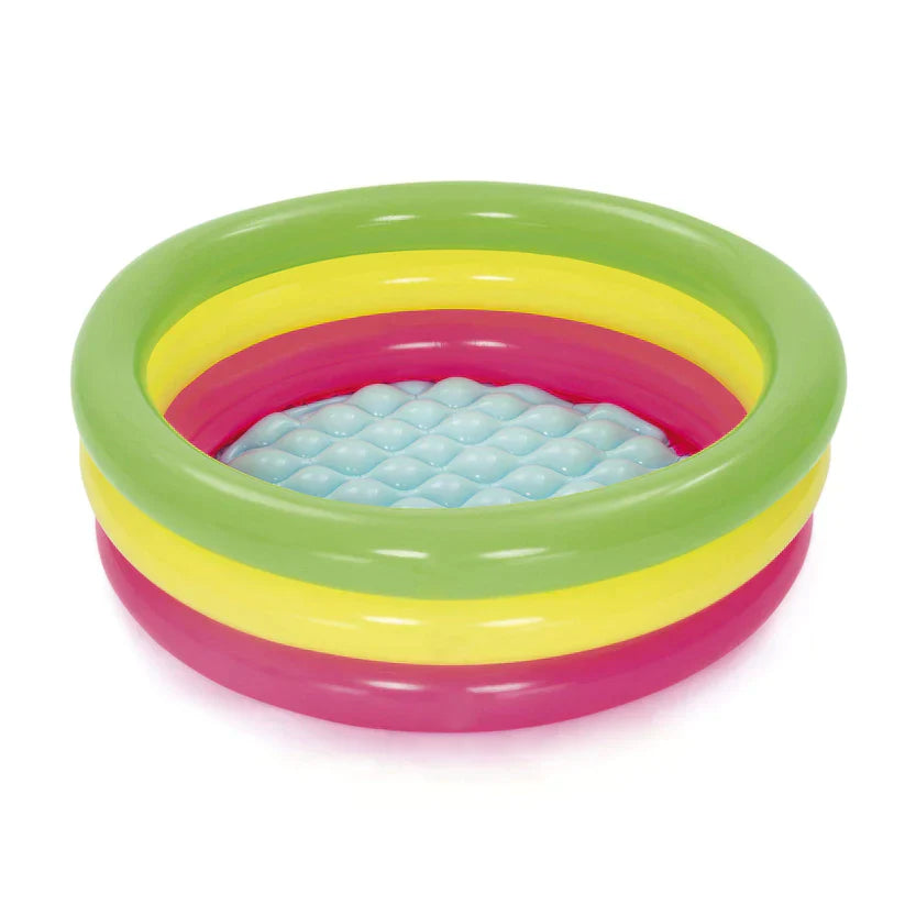 Set of three colorful inflatable rings on a white background