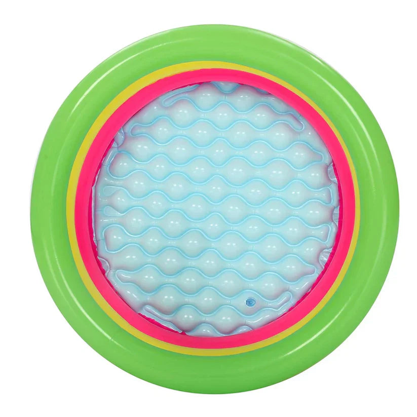 Round inflatable pool with colorful rim on a white background