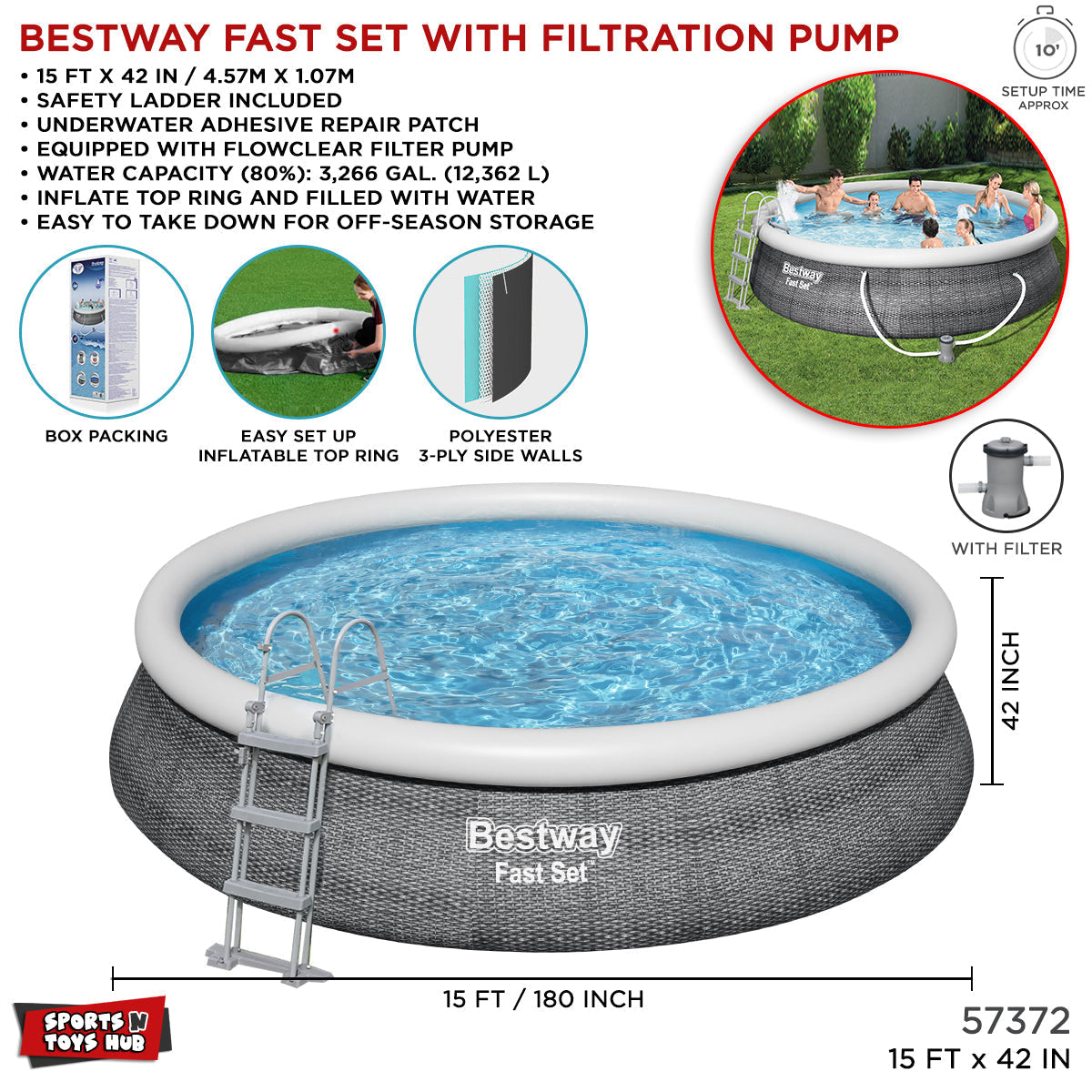Bestway Fast Set inflatable pool with filtration pump and features listed on a white background