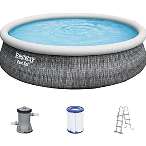 Bestway inflatable pool with filter, ladder, and pump on a white background