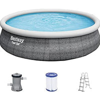 Bestway inflatable pool with filter, ladder, and pump on a white background