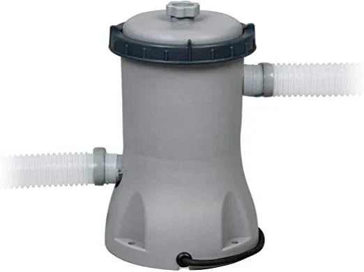 Gray pool filter pump with hoses on a white background