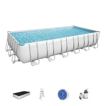 Rectangular above-ground pool with accessories on a white background