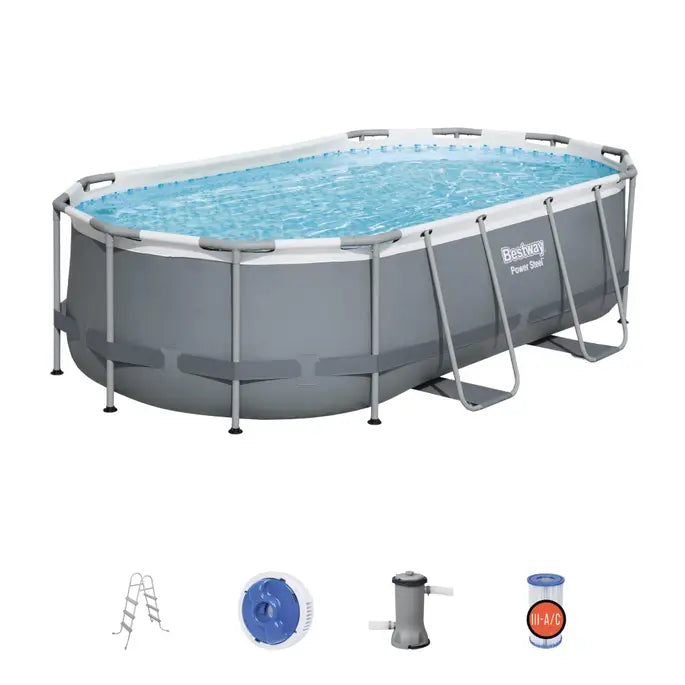 Rectangular above-ground pool with accessories on a white background