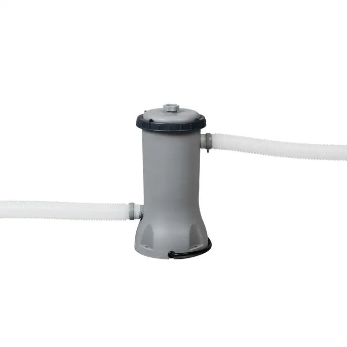 Gray pool filter with white pipes on a white background