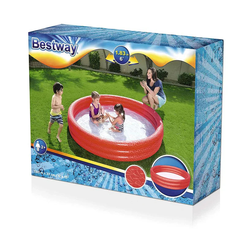 Box of a Bestway inflatable pool with children playing around it on a grassy area.