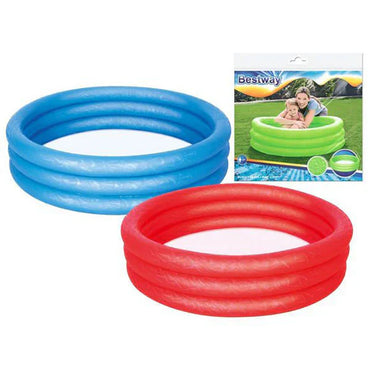 Two inflatable pool rings, one blue and one red, with a Bestway product image in the corner.