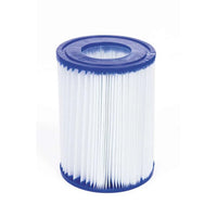White cylindrical filter with blue top and bottom on a white background