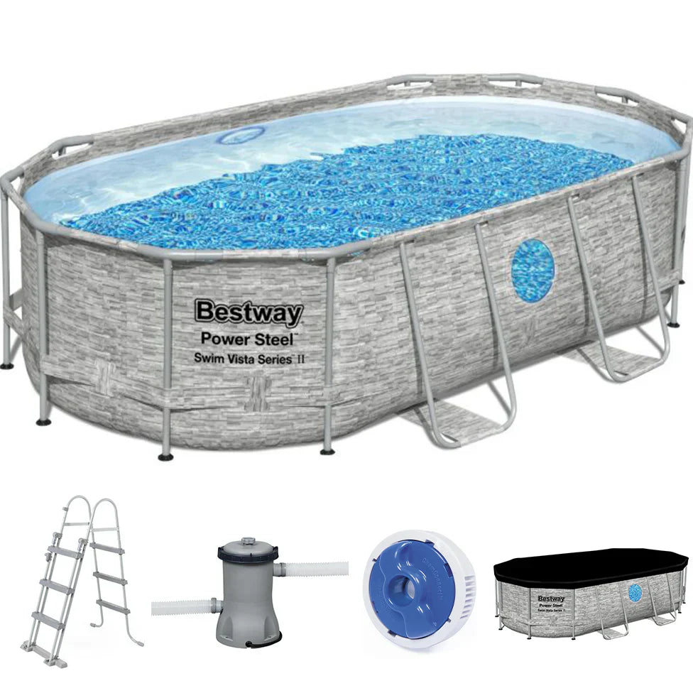 Bestway Power Steel Swim Vista Series II pool set with components on a white background