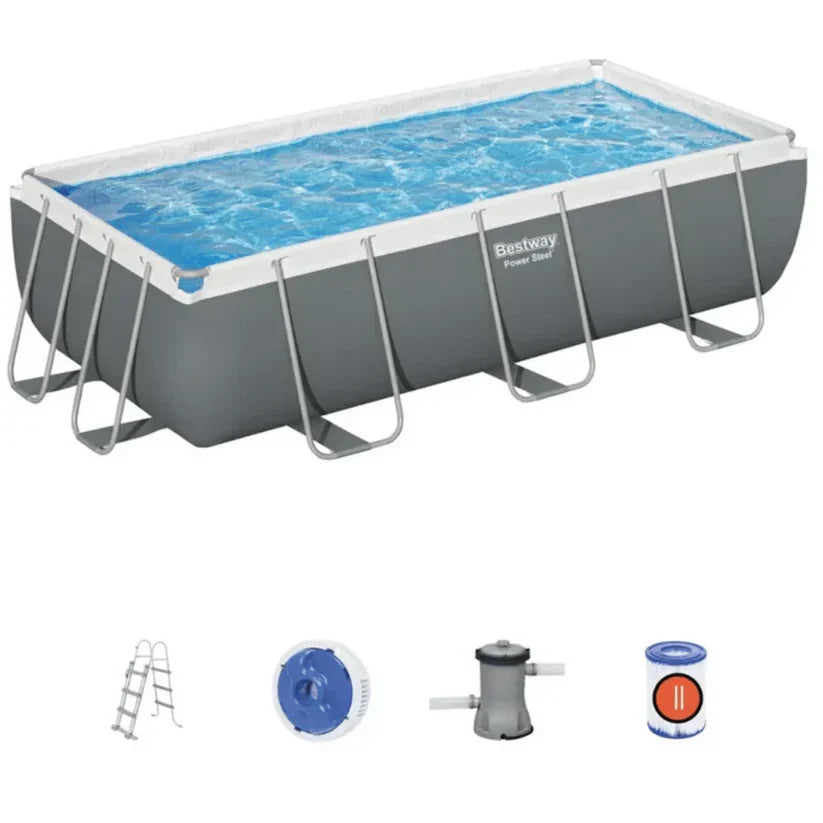 Rectangular above-ground pool with accessories on a white background